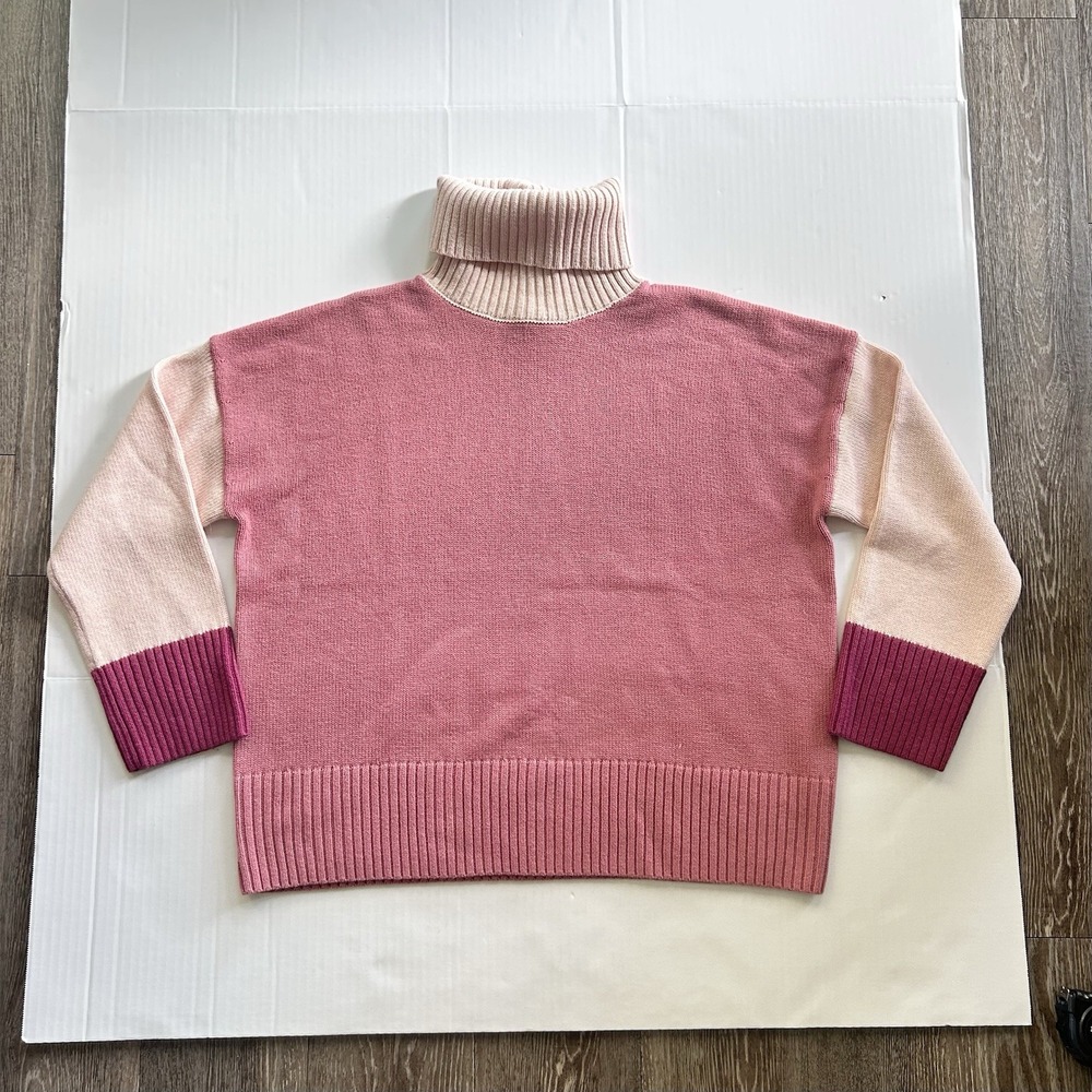 Garnet Hill Colorblock Turtleneck Sweater Merino Wool Organic Cotton Pink - Picture 2 of 7